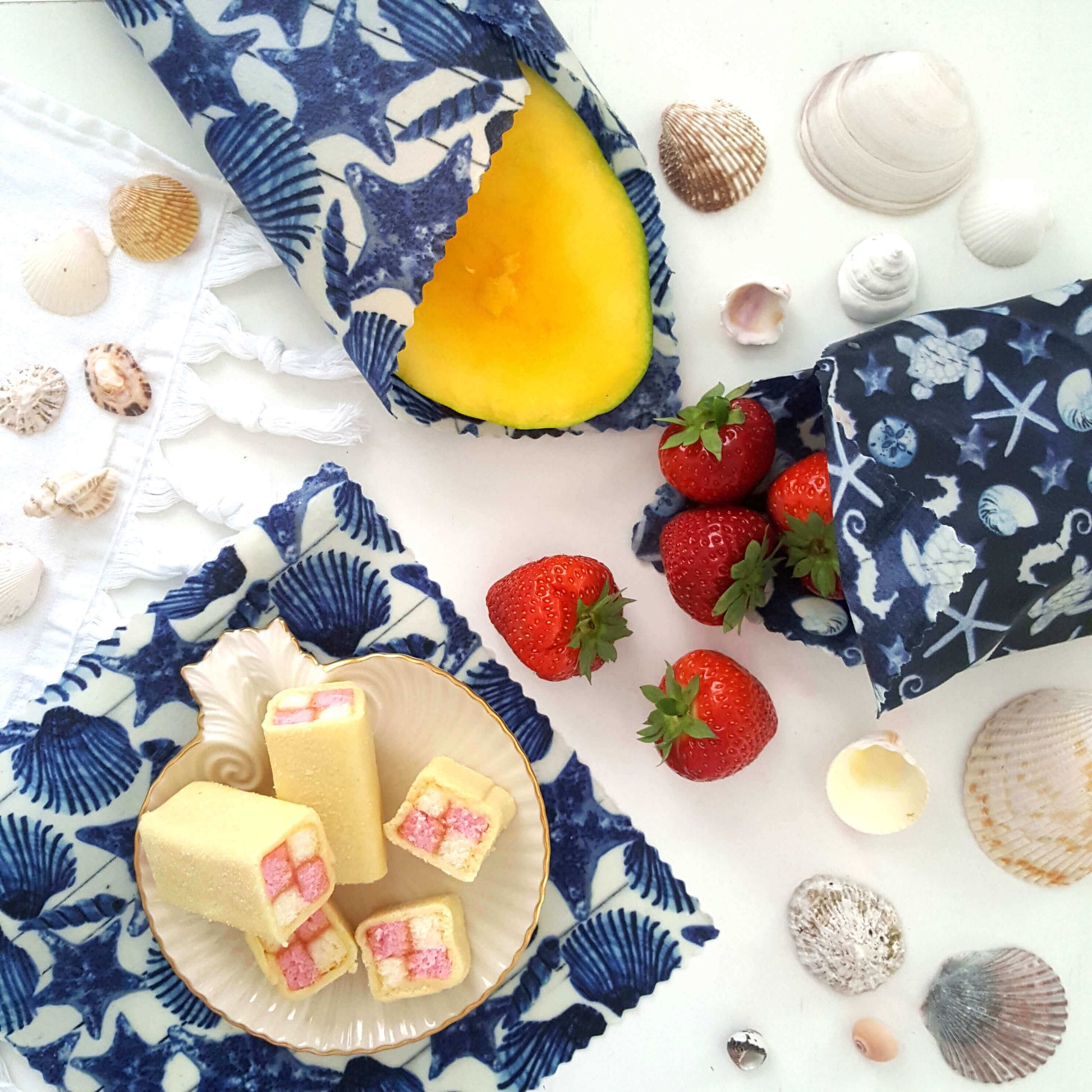 Reusable Beeswax Food Wraps 100% Hand Made in the UK by Honey Bee Good in Set of 3 Ocean Collection Shells flatlay