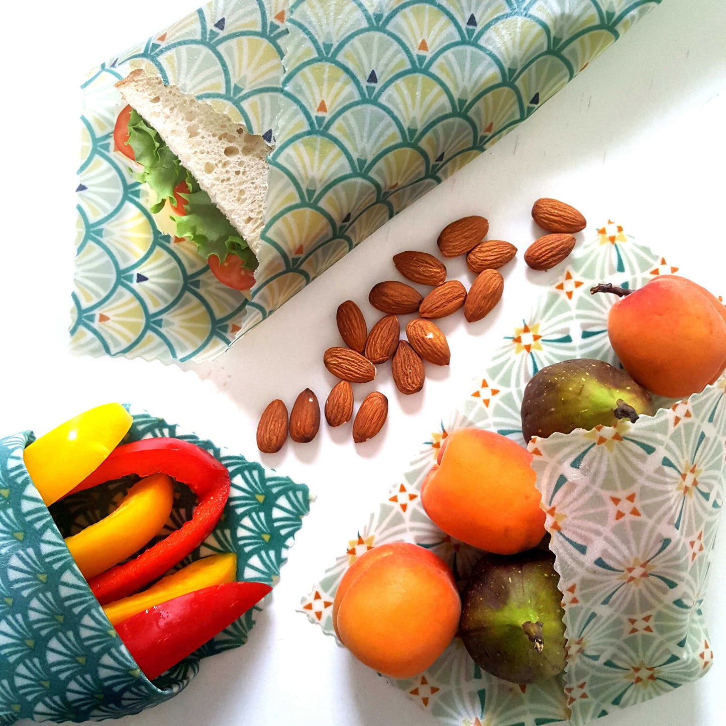 Reusable Beeswax Food Wraps 100% Hand Made in the UK by Honey Bee Good shown in Set of 3 Heritage Green pattern flatlay